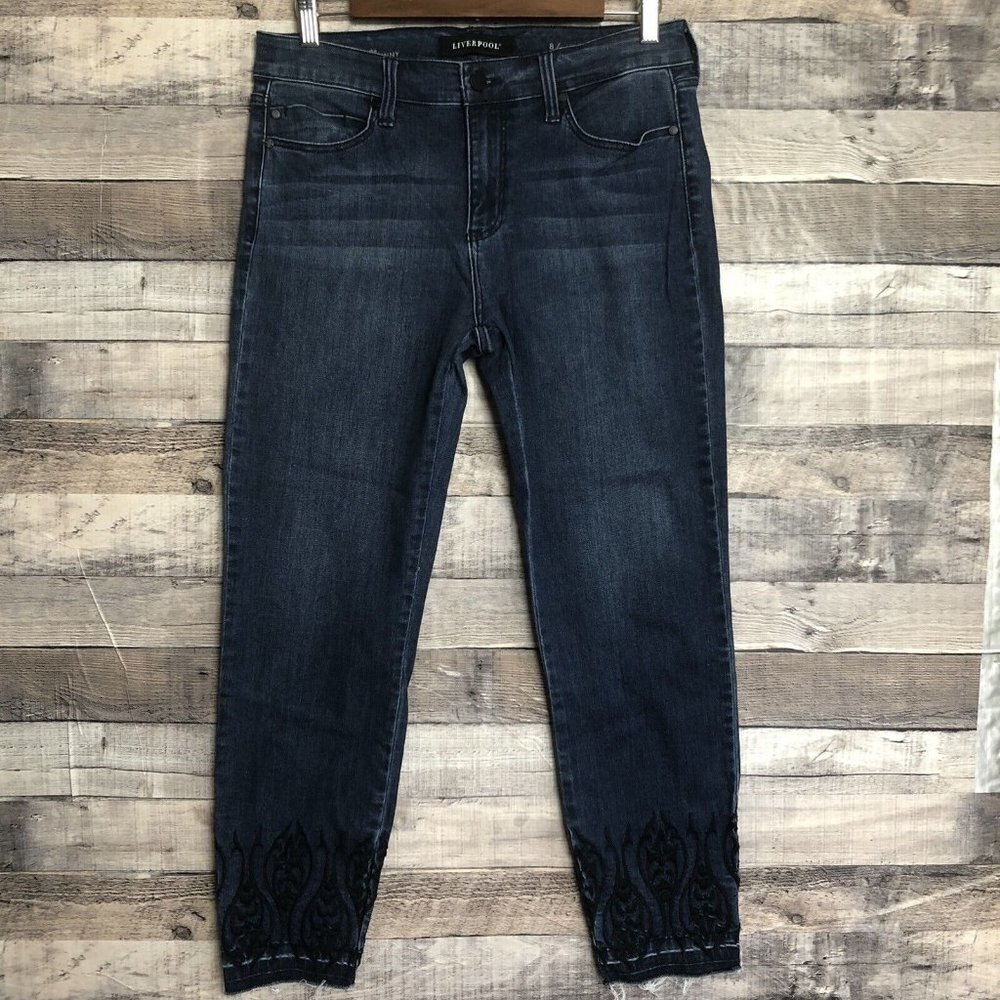 Liverpool Women's The Crop Ankle Skinny Jeans Embroidered Raw Hem Size 8/29